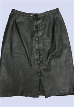 Vintage Black Leather Button Up High Waist Mid Skirt