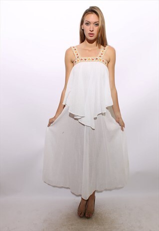 VINTAGE 1970'S 70'S WHITE GAUZE MAXI DRESS FLORAL TIERS XS-S