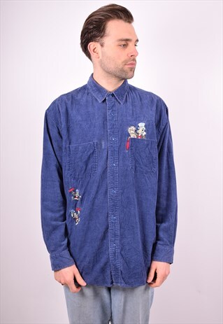 DISNEY MENS VINTAGE CORDUROY SHIRT LARGE BLUE 90S