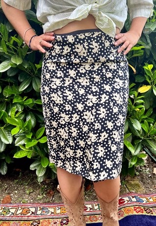 1970's vintage navy blue and cream floral midi skirt