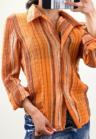 Y2K STRIPED MESH SHIRT BROWN TAN BUTTON UP LIGHTWEIGHT