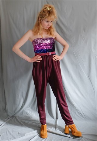 VINTAGE 70S STRETCH SEQUIN PURPLE BANDEAU JUMPSUIT