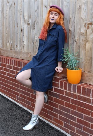 VINTAGE 90'S DARK NAVY BLUE DENIM KNEE LENGTH SHIRT DRESS