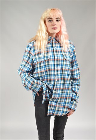 VINTAGE BLUE & ORANGE CHECKED FLANNEL SHIRT