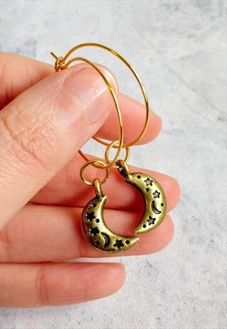 ENGRAVED MOON HOOP EARRINGS BRONZE