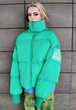 High neck cropped bomber quilted roll puffer jacket in green