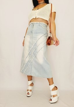  Retro 90s light blue distressed denim jeans midi skirt