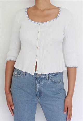 Y2K WHITE RIBBED CROP CARDIGAN