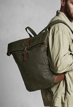 Waxed Leather Canvas Rucksack Bag - Khaki Green/Brown