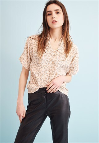 80'S RETRO OVERSIZED NEUTRAL FLORAL PRINT MOMS BLOUSE TOP