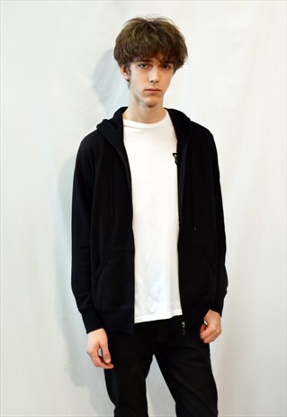 MEN SOFT COTTON BLEND FLEECE ZIP UP HOODIE JACKET IN BLACK