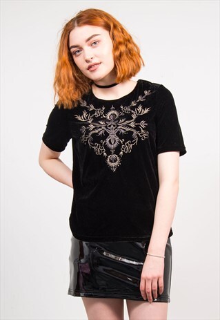 VINTAGE 90'S BLACK VELVET GOLD EMBROIDERED PATTERN TOP