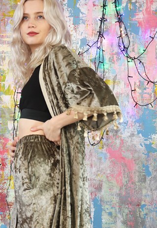 PEG PANTS & TASSEL KIMONO CO-ORDINATES SILVER GREEN VELVET