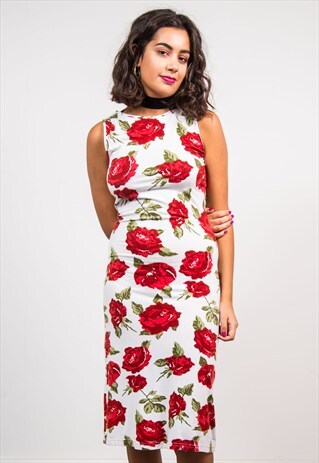 VINTAGE 90'S RED ROSE PATTERN BODYCON MIDI DRESS