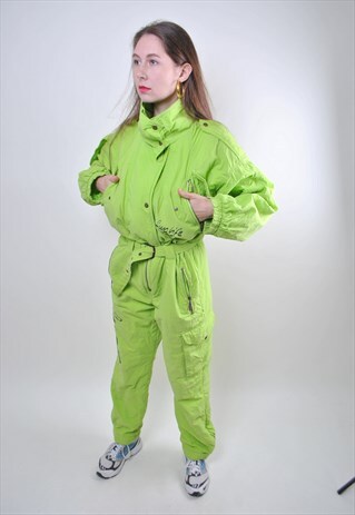 VINTAGE WOMEN ONE PIECE SKI SUIT, 80S GREEN BELT SNOWSUIT