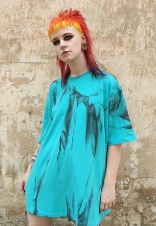 OVERSIZE TIE-DYE TEE GRADIENT BAGGY T-SHIRT TURQUOISE BLUE