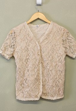 Vintage Y2K Button Lace Top Beige Short Sleeve With Patterns