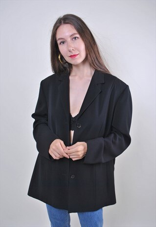 80S VINTAGE BLACK MINIMALIST BLAZER, SIZE XL
