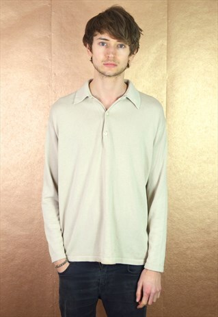 90S VINTAGE MINIMAL BEIGE LONG SLEEVE SOFT KNIT POLO TOP