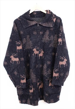 Vintage Abstract Fleece Sweater Reindeer Pattern Zip Up 