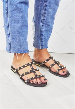 POLLY BLACK STUDDED MULE SANDALS WITH GOLD ROCKSTUDS