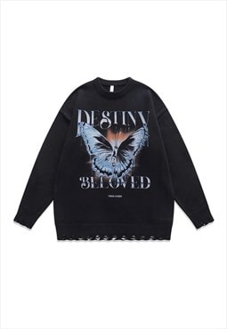 Butterfly sweater Anime knit distressed grunge jumper black