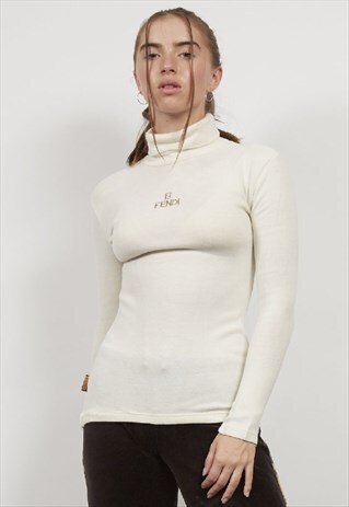 VINTAGE CREAM 90'S FENDI LOGO ROLL NECK JUMPER
