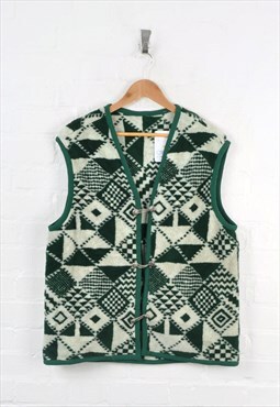 Vintage Fleece Vest Waistcoat Aztec Pattern Green/White L