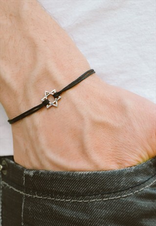 STAR OF DAVID BRACELET MEN SILVER CHARM BLACK CORD JEWISH