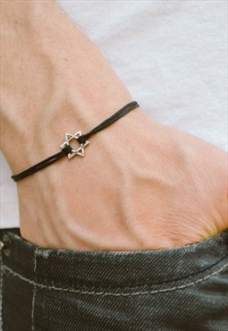 Star of David bracelet men silver charm black cord Jewish