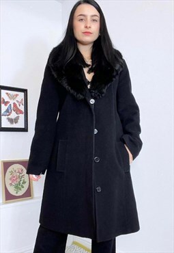 Vintage 90s Black Faux Fur Collared Coat
