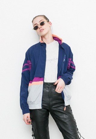 VINTAGE WINDBREAKER BLUE WHITE 80S RETRO NYLON SPORTS JACKET