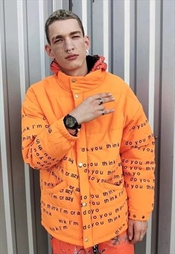 Loose fit graffiti letter print quilted bomber jacket orange