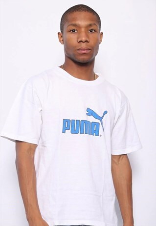 VINTAGE PUMA BIG SPELL OUT LOGO T-SHIRT WHITE BLUE