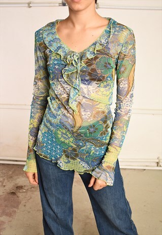 Y2K RETRO RUFFLE FLORAL PRINT SHEER FESTIVAL TUNIC TOP