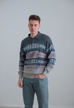 Vintage 90s Polo Neck Men Cotton Sweater in Multi Knit XL