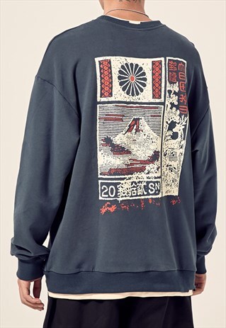 BLUE JAPANESE DRAWING COTTON SWEATSHIRTS UNISEX Y2K