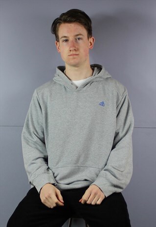 VINTAGE ADIDAS HOODIE IN GREY WITH RUBBER PATCH LOGO. SIZE L