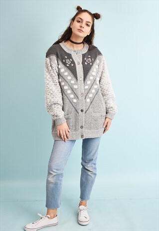 90'S RETRO FLORAL EMBROIDERED MOMS KNIT JAZZY CARDIGAN