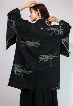 Vintage Japanese Haori Short Silky Kimono in Black  