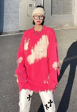 Ripped knit tie-dye sweater gradient bleached jumper in pink