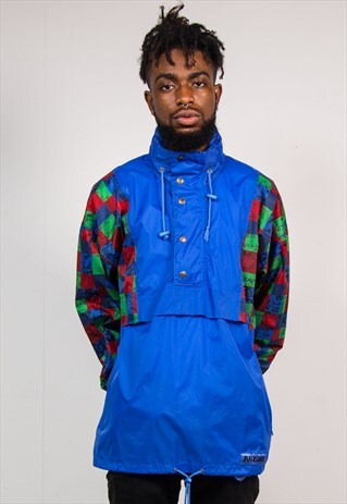 VINTAGE 90'S BLUE PATTERNED SLEEVE CAGOULE JACKET