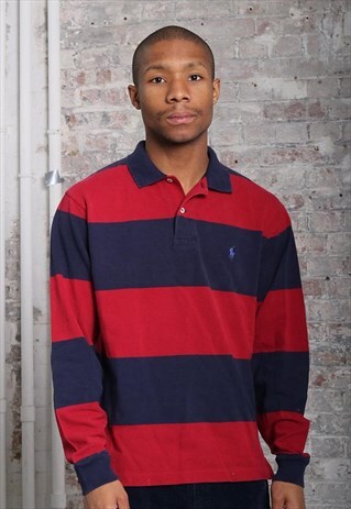 VINTAGE RALPH LAUREN STRIPED RUGBY POLO SHIRT RED BLUE