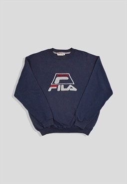 Vintage 90s FILA Embroidered Logo Sweatshirt in Navy Blue