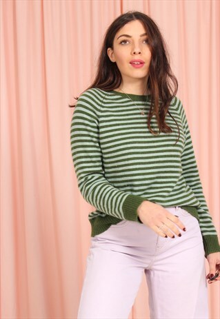 VINTAGE 80S STRIPED SCOTTISH CASHMERE JUMPER IN GREEN