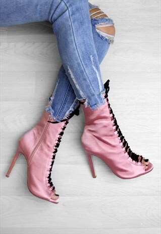 DANIELLE PINK SATIN VELVET LACE UP HEELED ANKLE BOOTS