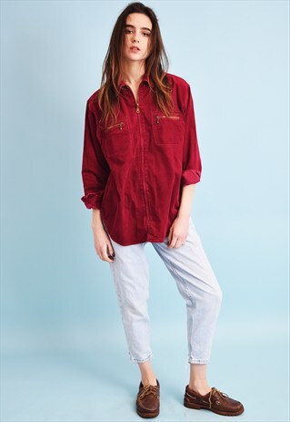 90'S RETRO BURGUNDY OVERSIZED CORDUROY SHIRT TOP