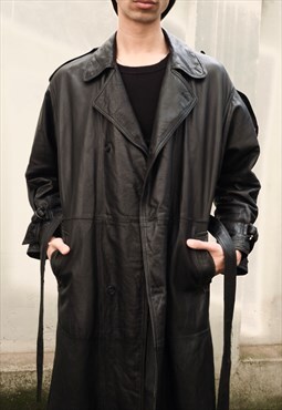 Vintage Black Long Leather Coat