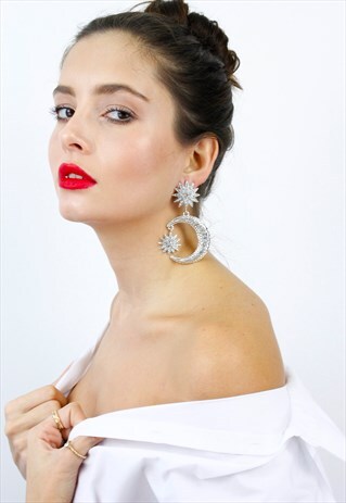 SILVER DIAMANTE STAR MOON SUN DROP DANGLE EARRINGS