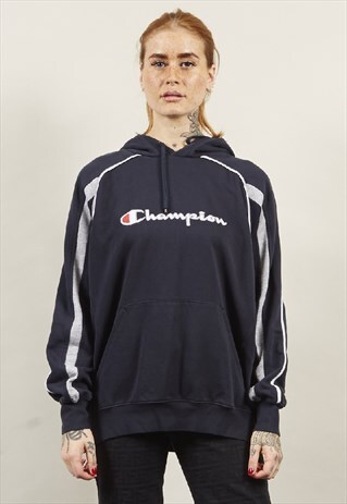 VINTAGE 90'S CHAMPION LOGO PIPED NAVY HOODIE